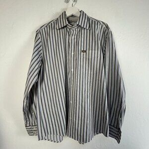 Faconnable Mens Striped Long Sleeve Button-Up Shirt Medium Blue/White Cotton